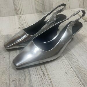Shoe The Bear Maxine Silver‎ Slingback Kitten Heel Size 36 Metallic Square Toe